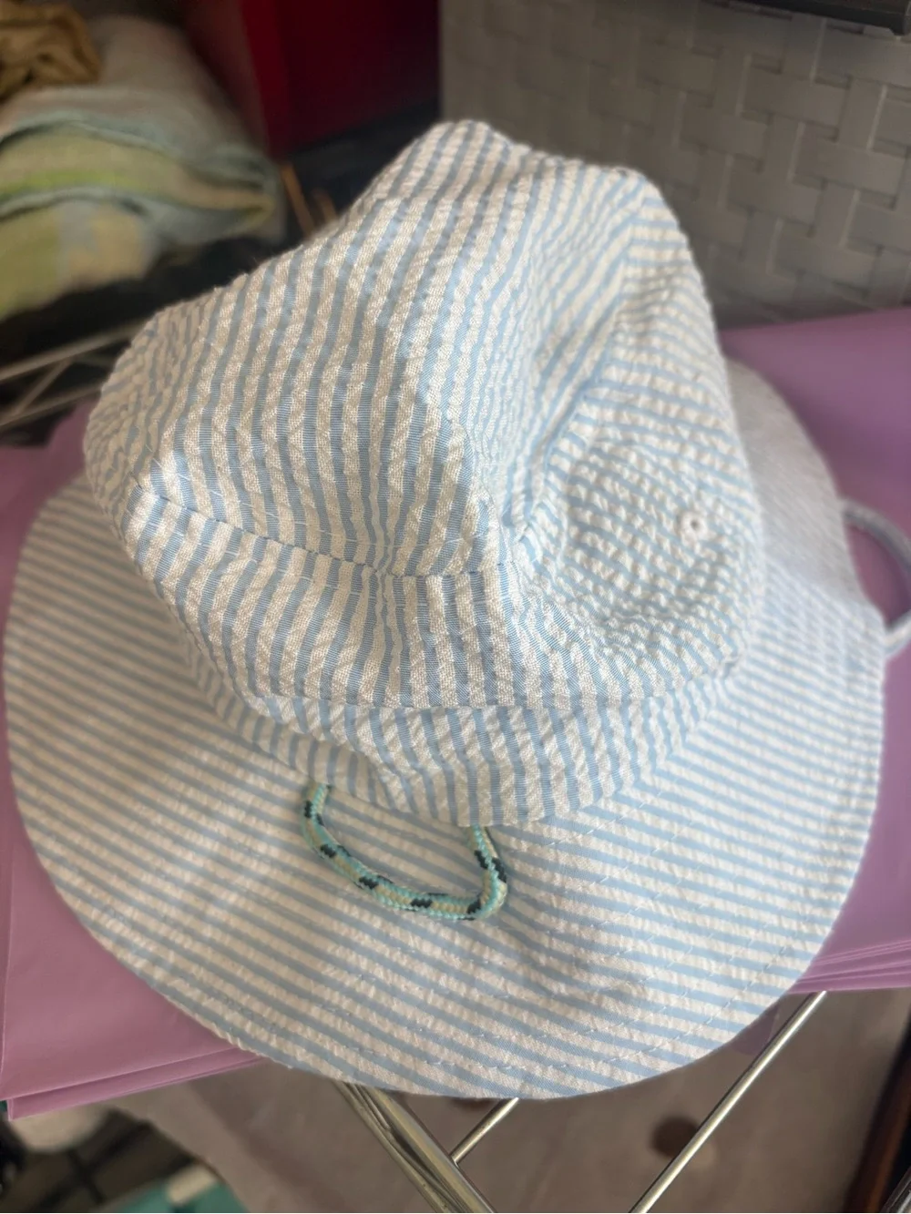Light Blue Striped Kids Bucket Hat with Fish Motif